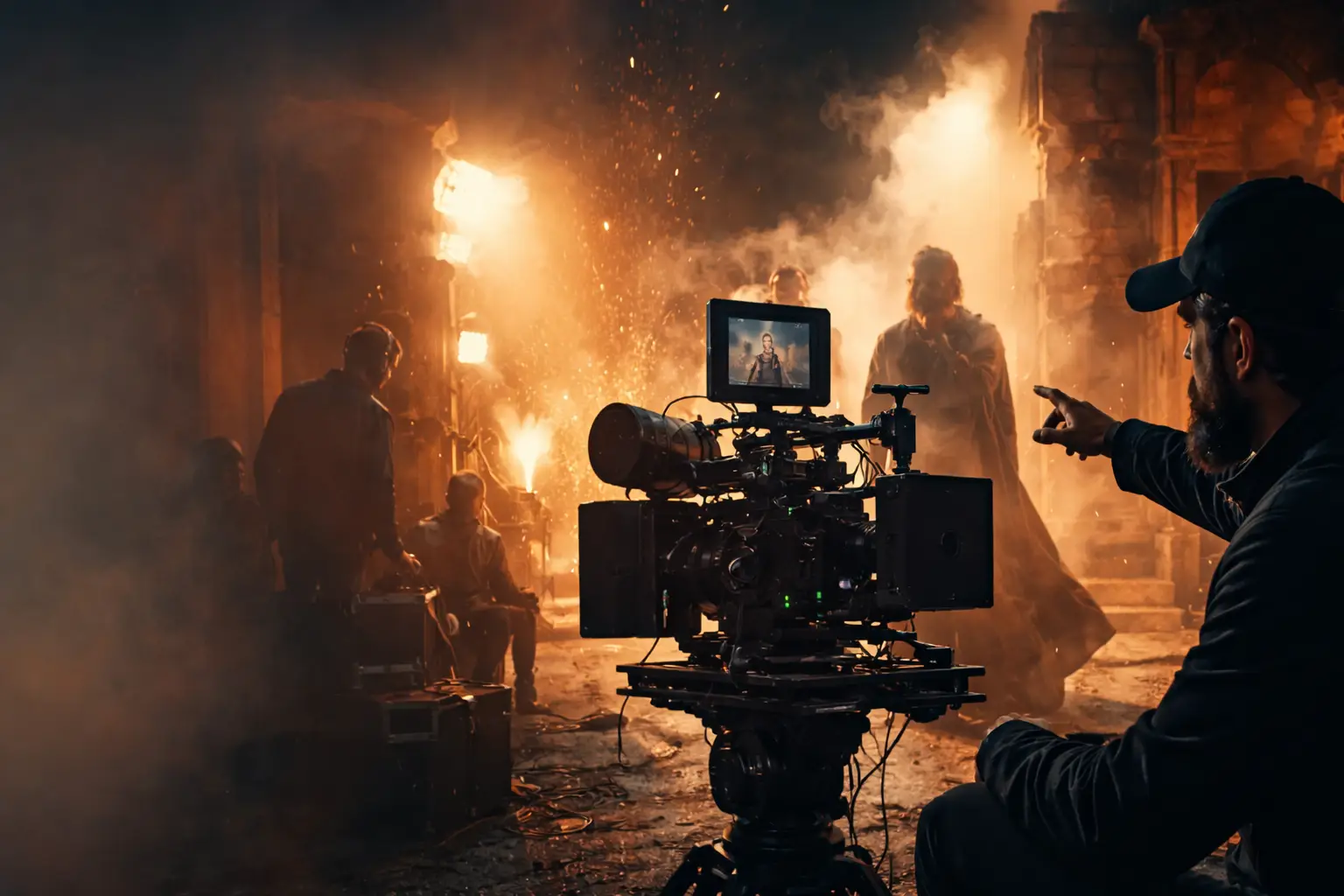 Behind the scenes of a film set