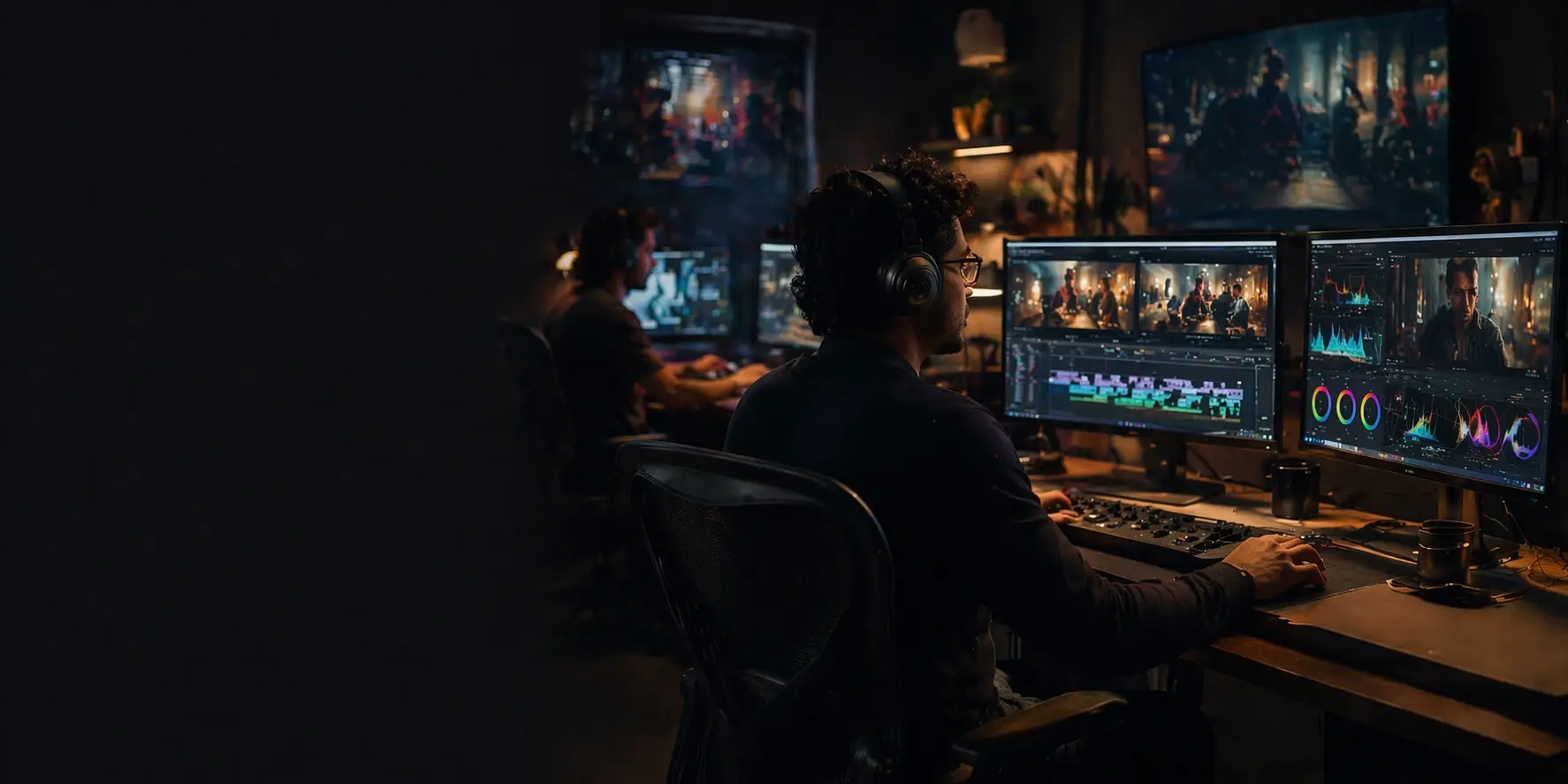 Cinematic video editing studio ambiance